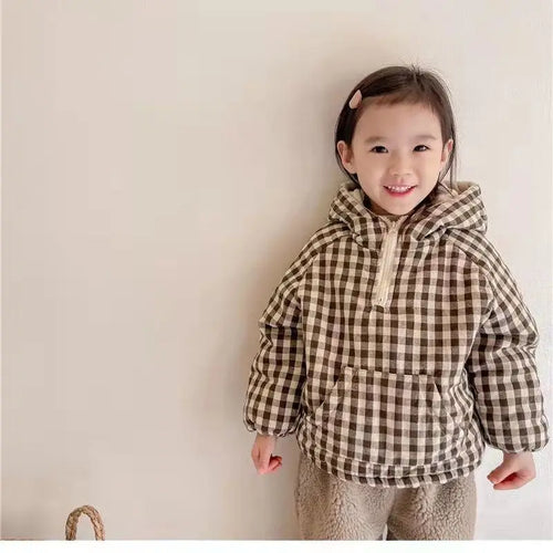 Plaid Cotton Kids Jacket with Plush Warmth in Green, front view