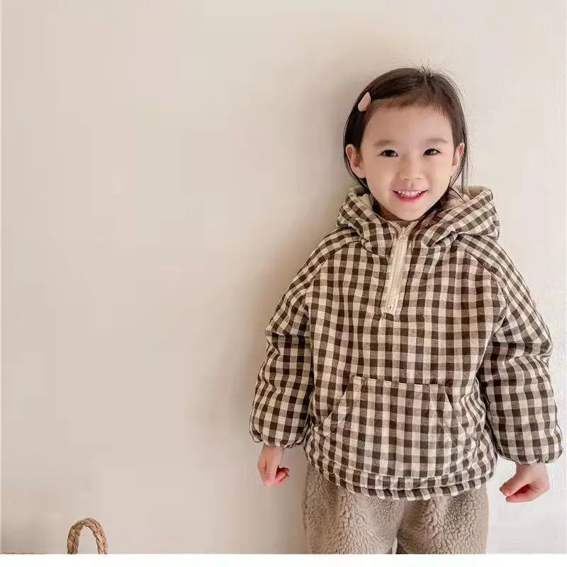 Plaid Cotton Kids Jacket with Plush Warmth in Green, front view