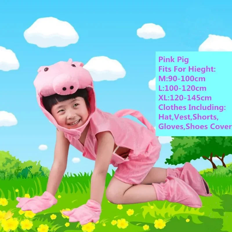 Child wearing pink pig animal costume set including hat, vest, shorts, gloves, and shoe covers