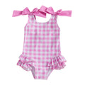 Plaid Print Girls Swimsuit with Ruffles and Double Bowknot
