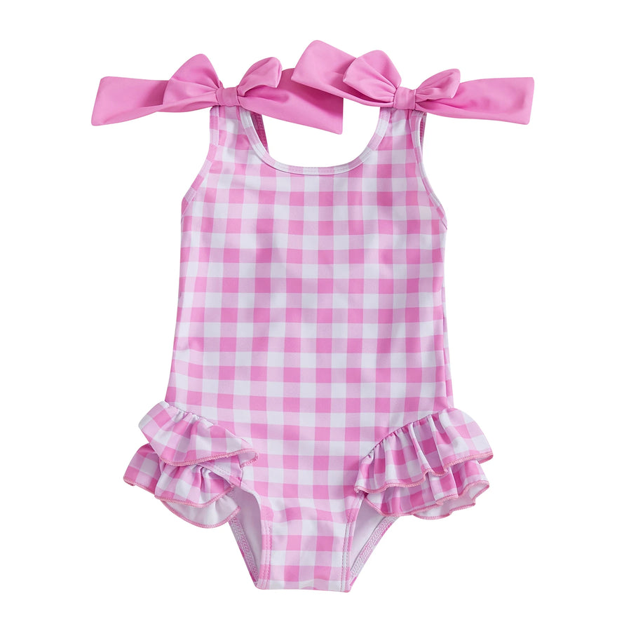 Plaid Print Girls Swimsuit with Ruffles and Double Bowknot