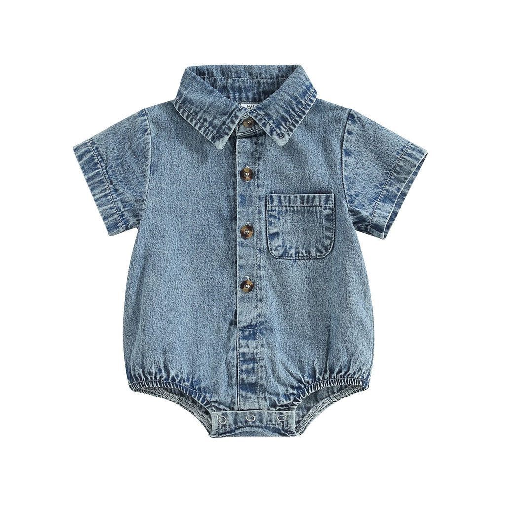 Denim Short Sleeve Baby Romper in Black