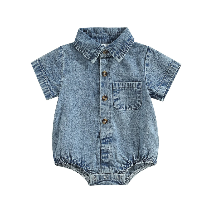 Denim Short Sleeve Baby Romper in Black