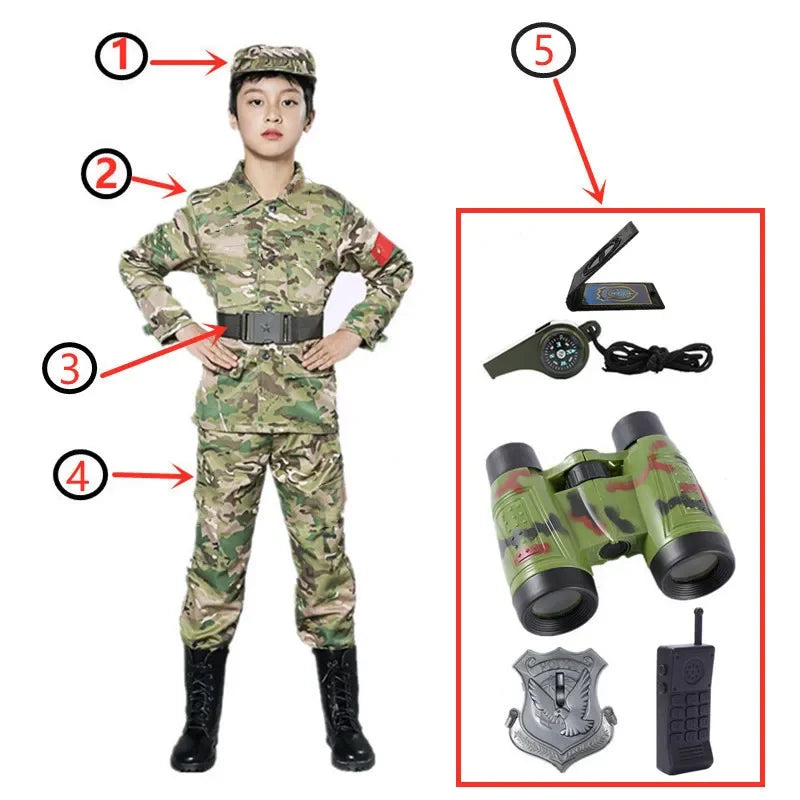 Child wearing light green camouflage army soldier costume with cap, belt, top, pants, and 5-piece toy accessories