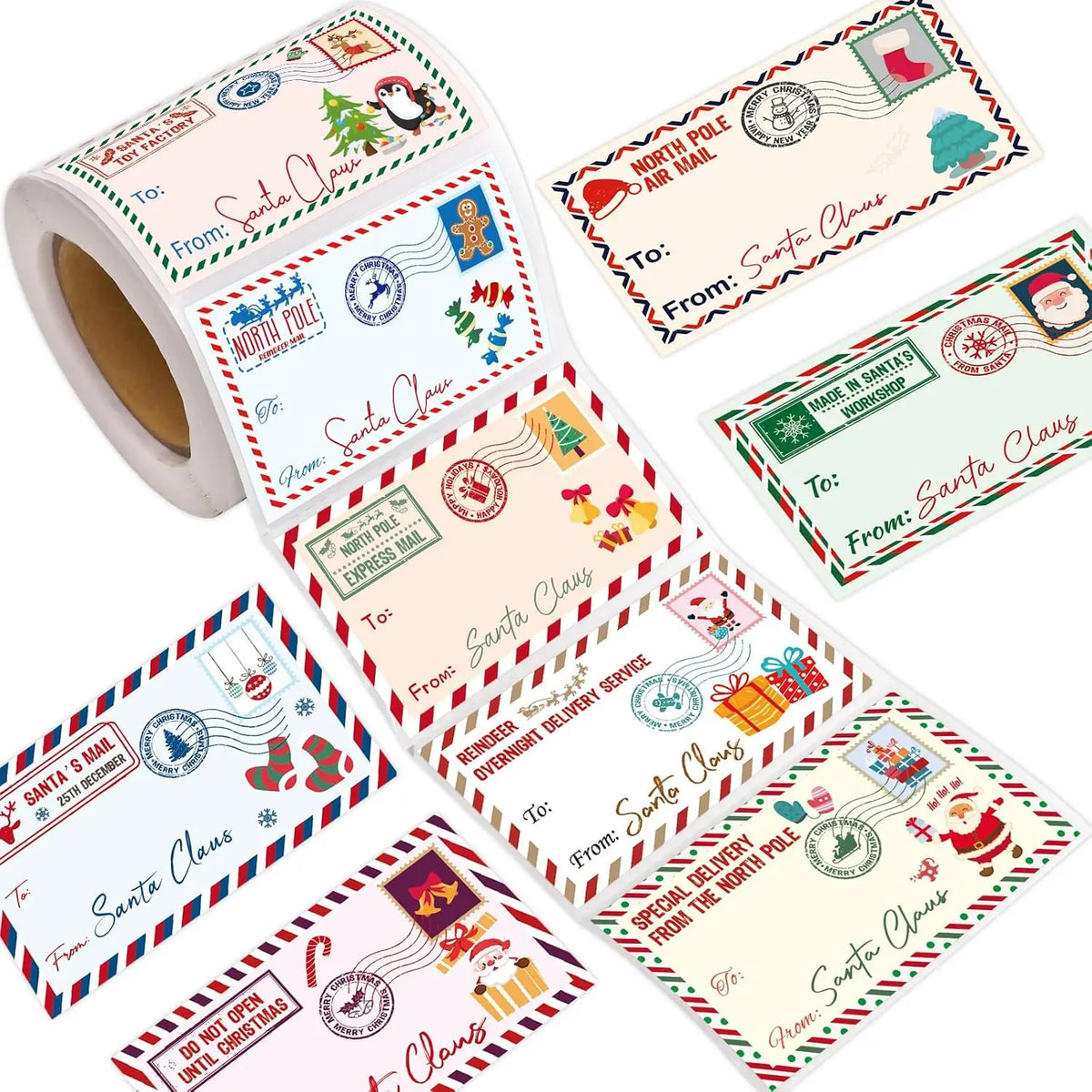Roll of Christmas gift labels with North Pole postal designs and spaces for names