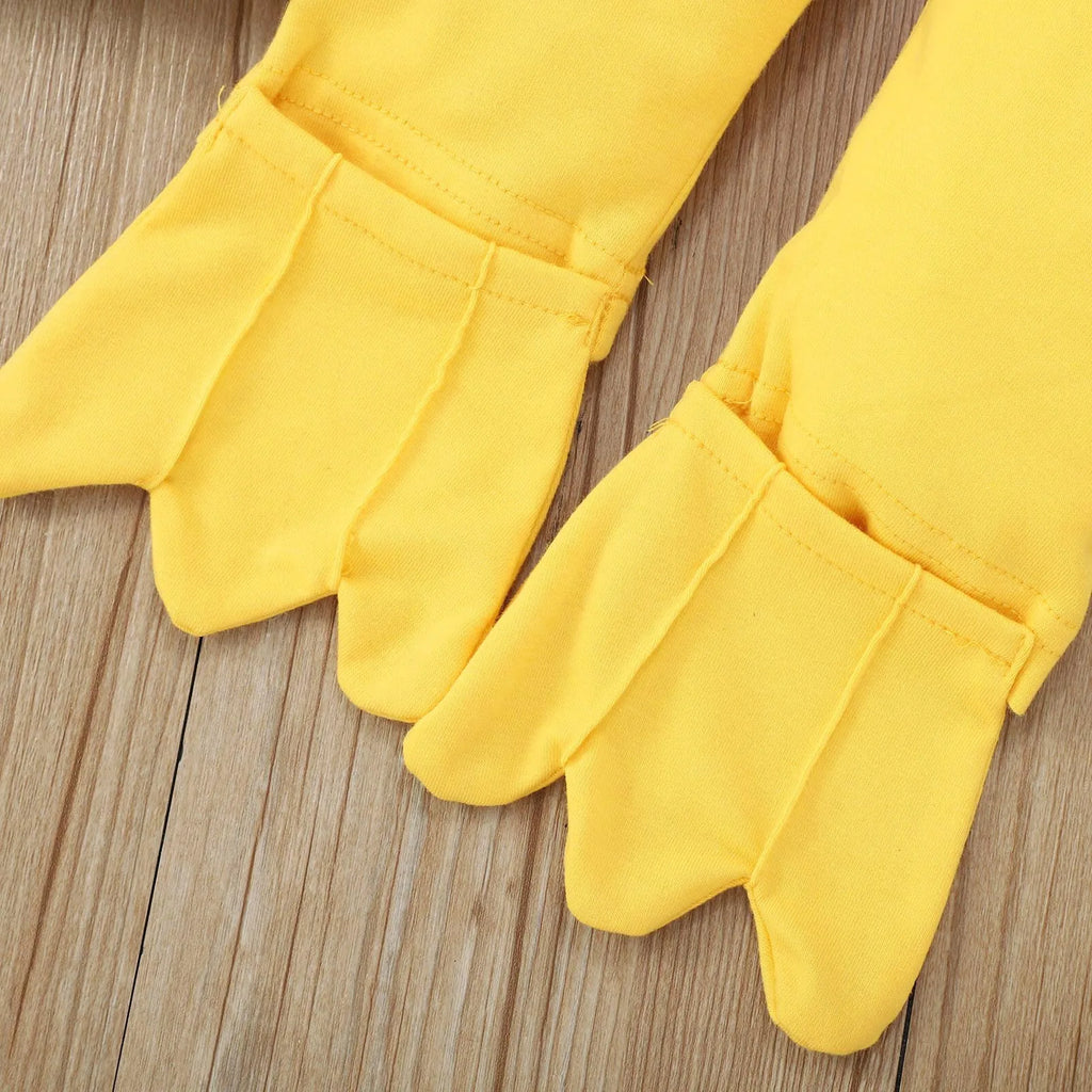 Close-up of yellow pants foot covers shaped like chick feet