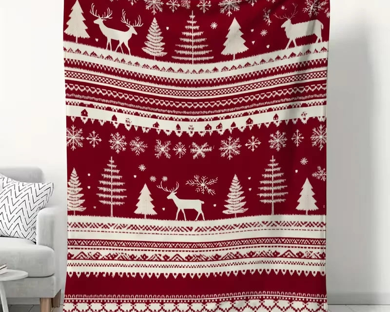 Cranberry Reindeer and Trees Throw Blanket