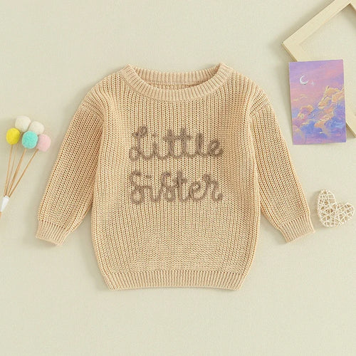 Close-up of embroidered letter detail on toddler girl knit pullover sweater