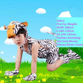 Child wearing zebra animal costume set with hat, vest, shorts, gloves, and shoe covers