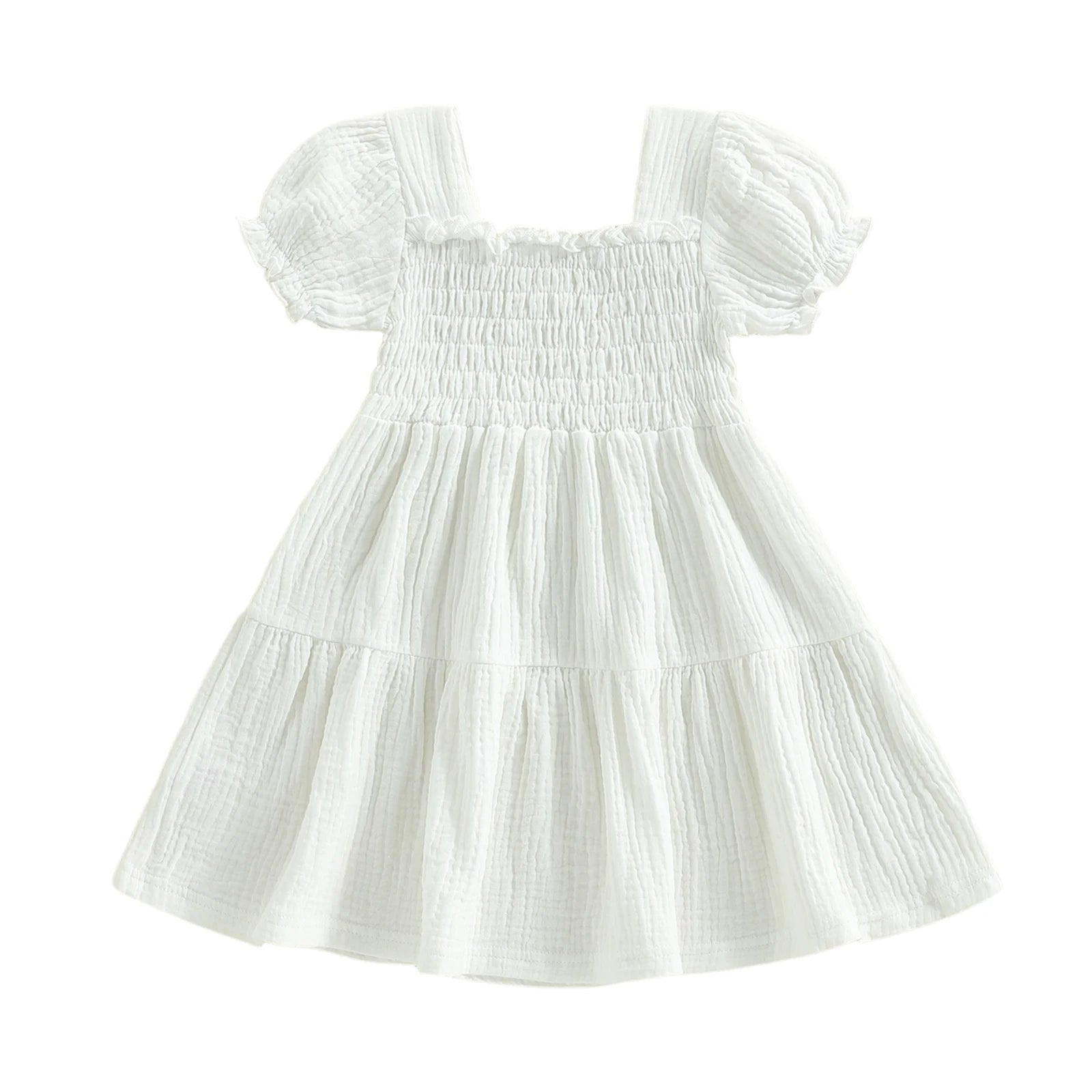 White smocked puff-sleeve dress on white background