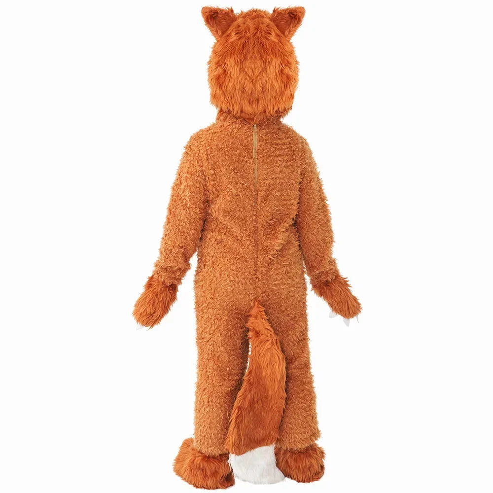 Child wearing fox animal jumpsuit costume back view showing tail