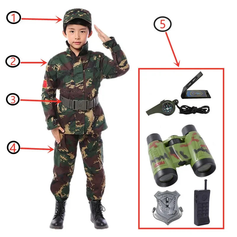 Child wearing brown camouflage army soldier costume with cap, belt, top, pants, and 5-piece toy accessories