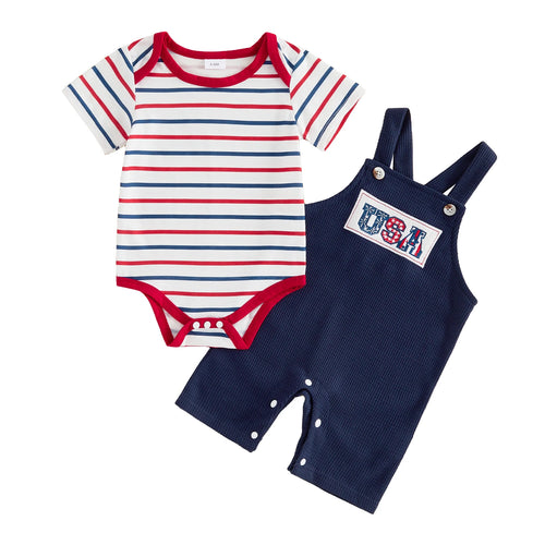 Two-piece patriotic baby outfit with striped bodysuit and navy USA romper