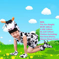 Child wearing cow animal costume set with hat, vest, shorts, gloves, and shoe covers in milk white and black spots