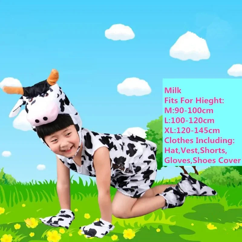 Child wearing cow animal costume set with hat, vest, shorts, gloves, and shoe covers in milk white and black spots