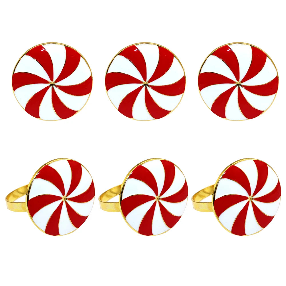 Red and White Peppermint Napkin Rings — Set of 6. A round red-and-white peppermint swirl.