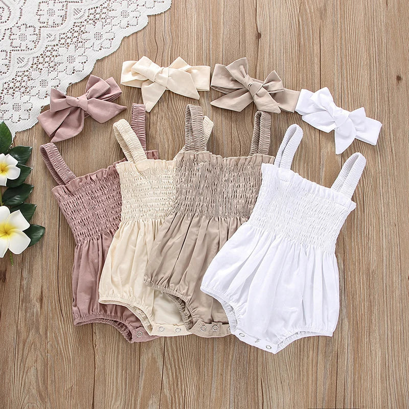 Ruched Sleeveless Baby Girl Romper with Headband in various colors