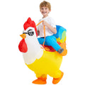 Child wearing colorful rooster inflatable costume with attached legs and feet covers
