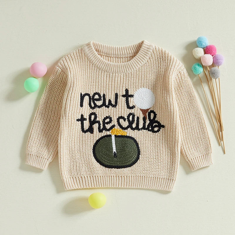 Autumn Winter Baby Sweater with Golf Letter Embroidery Long Sleeve Crew Neck Pullover in Khaki