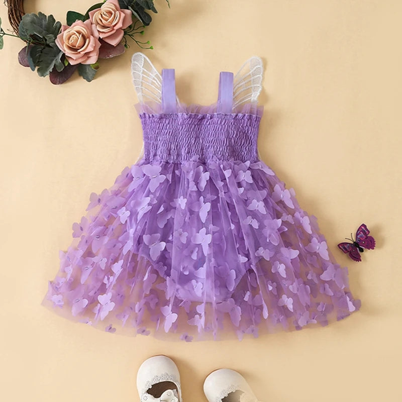 Close-up of purple butterfly wings tulle romper dress for baby girls