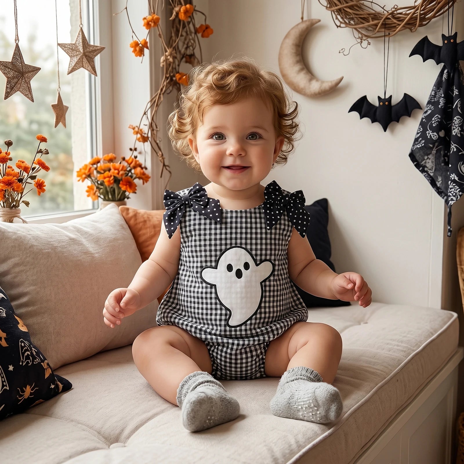 Baby wearing black and white plaid ghost romper sitting on couch with Halloween decorations
