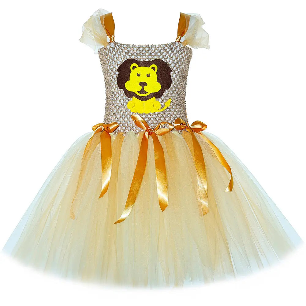 Lion themed tulle tutu dress only, sleeveless with puffed tulle shoulder straps and lion face applique