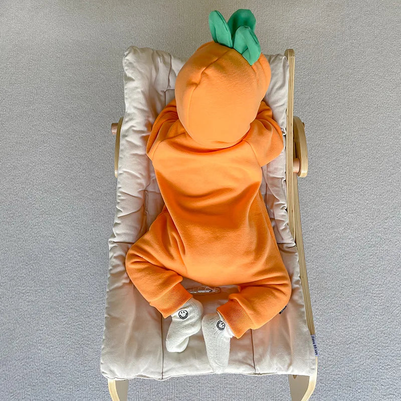Flat lay of orange carrot hooded jumpsuit costume