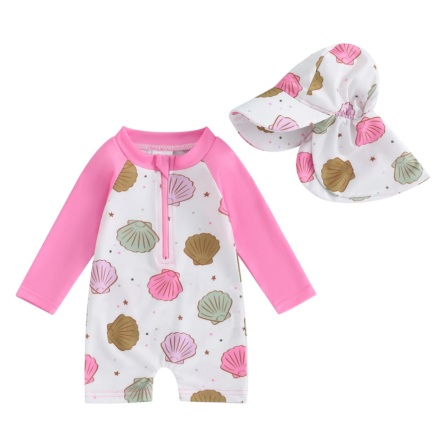 Floral Zip-Up Swimwear Set with Hat for Toddlers