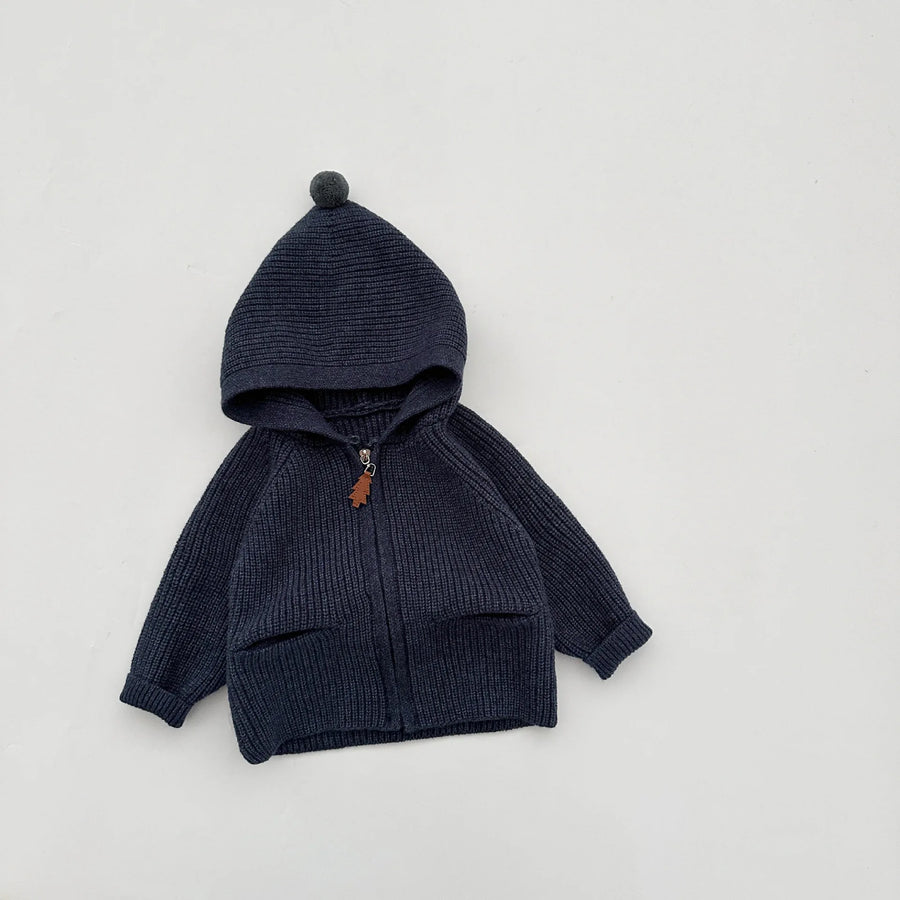 Back view of baby knit hooded coat in red