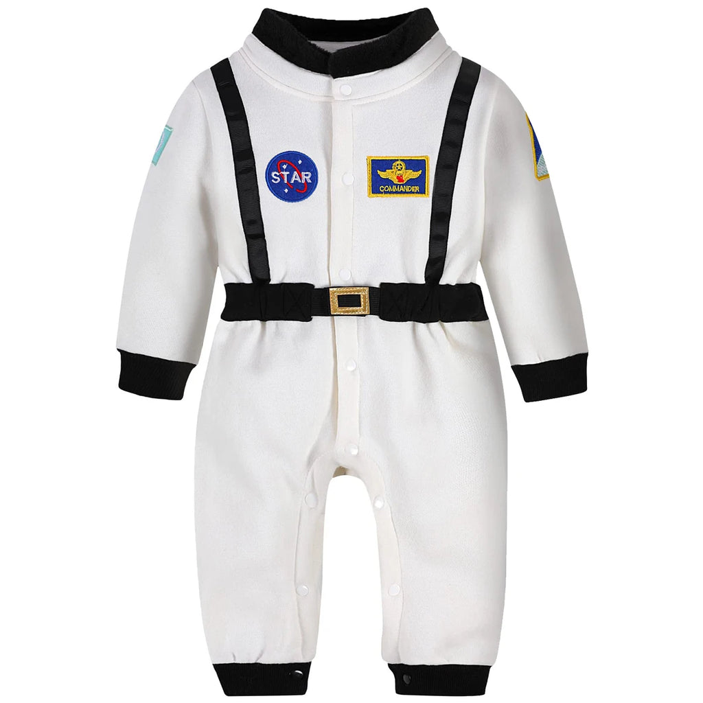White toddler astronaut romper costume with black suspenders and patches