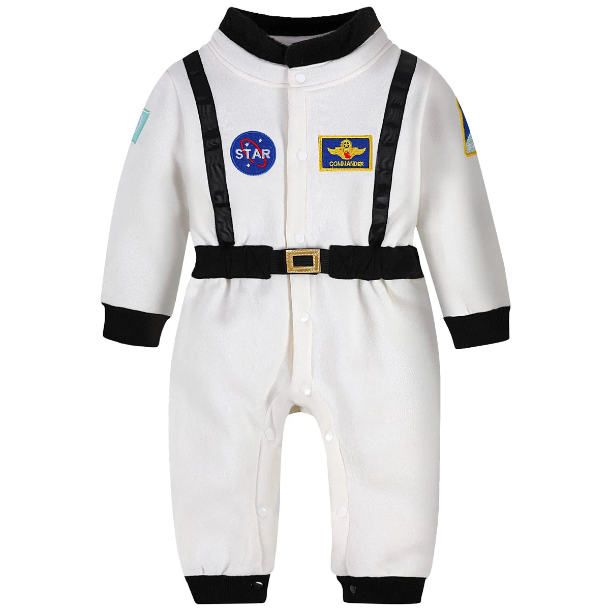 White toddler astronaut romper costume with black suspenders and patches