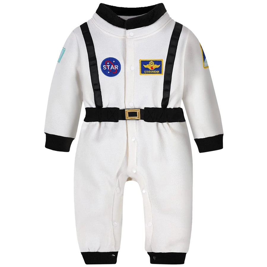 White toddler astronaut romper costume with black suspenders and patches