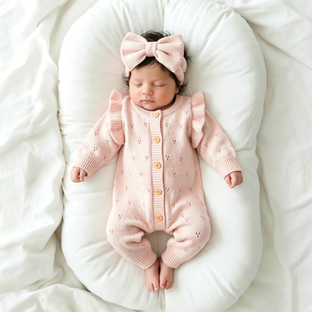 Close-up of Bow Headband Matching Pink Knit Romper