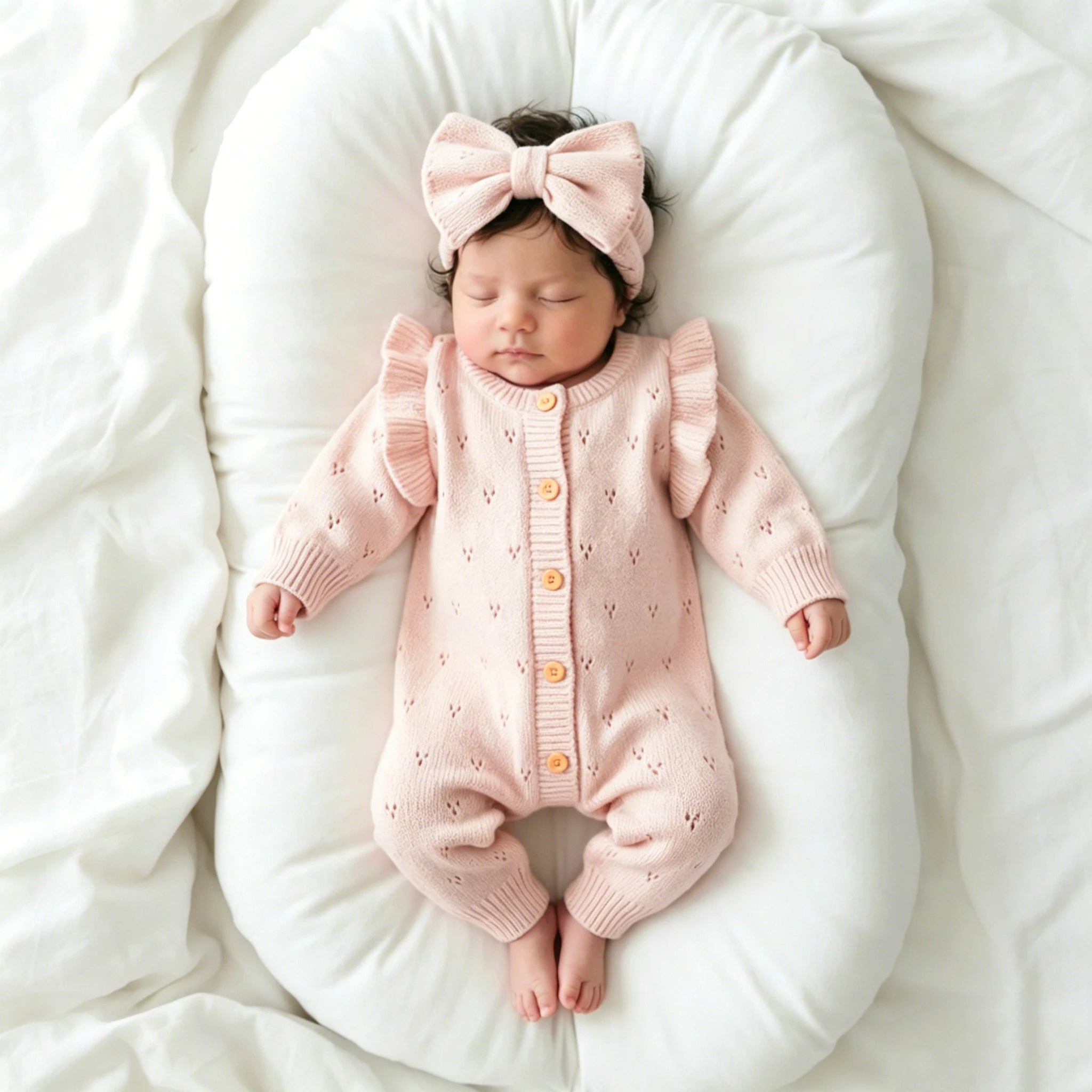 Close-up of Bow Headband Matching Pink Knit Romper