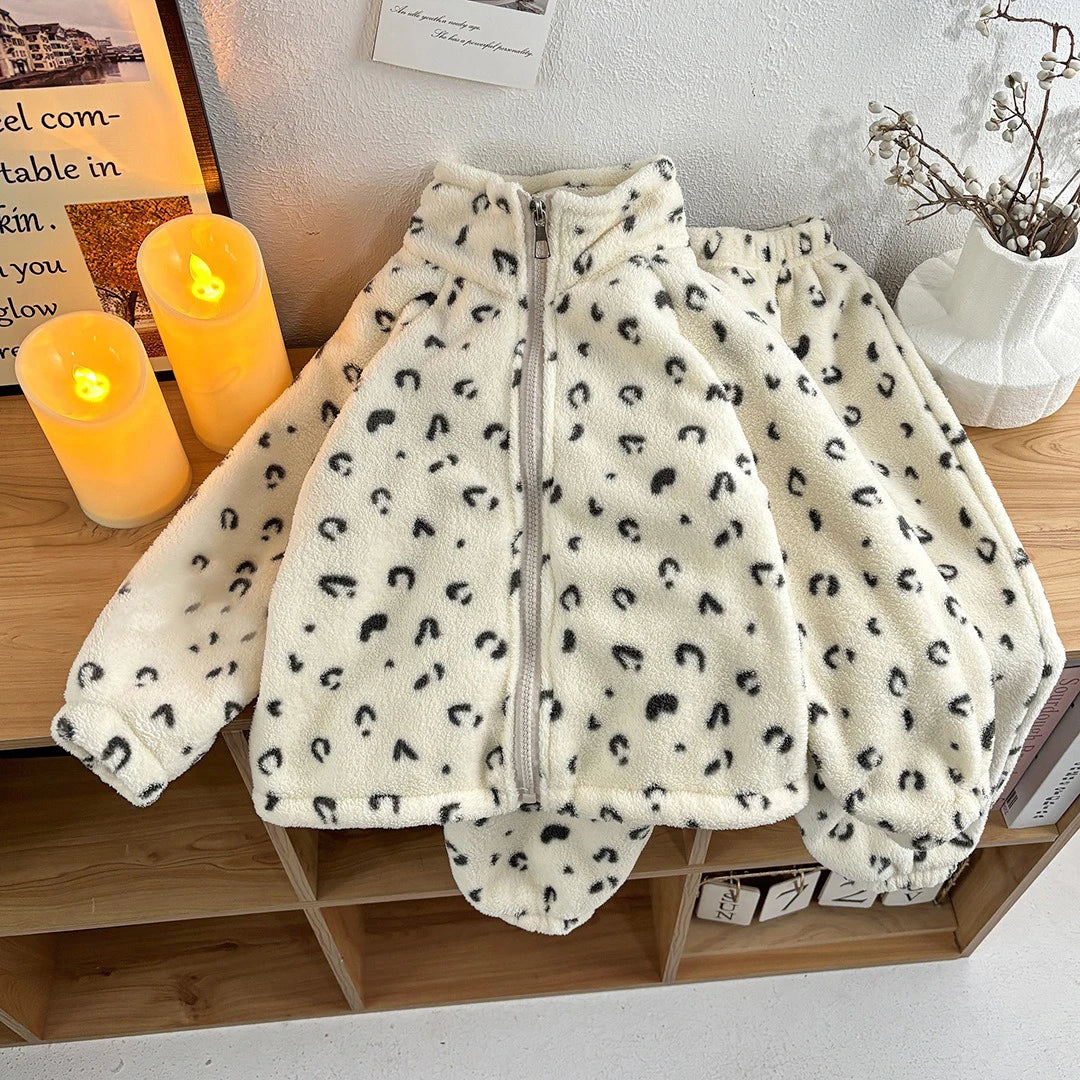 Back view of cozy fleece hooded sweatshirt and pants set