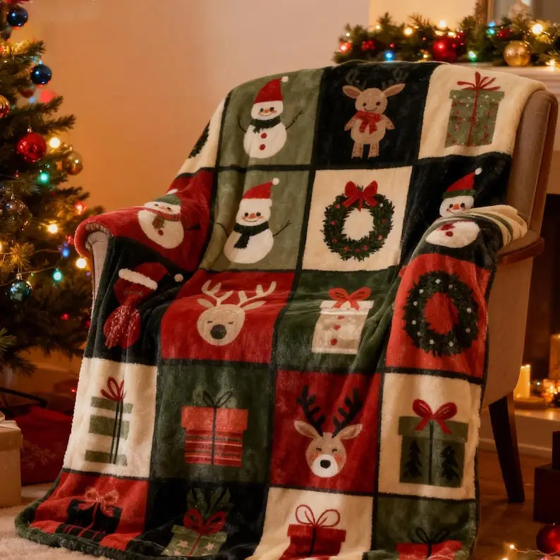 Red, green, black, and cream patchwork-print throw with snowmen, reindeer, wreaths, and wrapped gifts, draped over a chair.