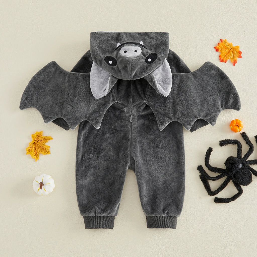 Black skeleton hooded romper front view with Halloween props