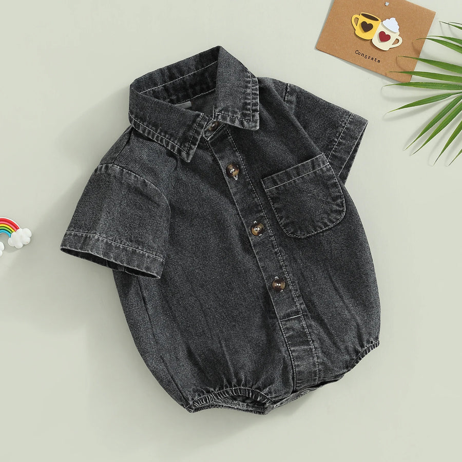 Denim Short Sleeve Baby Romper in Blue