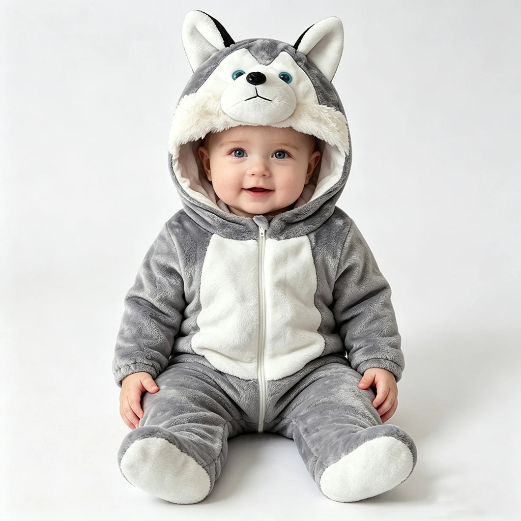 Baby in gray and white husky dog romper costume with hood and ears