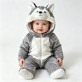 Baby in gray and white husky dog romper costume with hood and ears