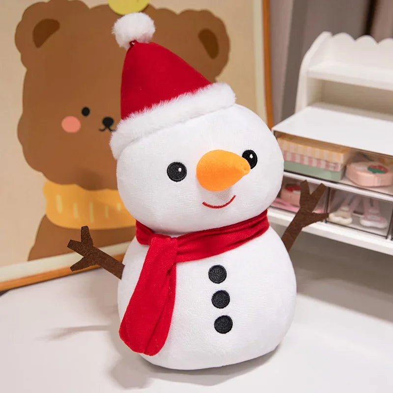 Snowman Christmas plush figure with a red hat and scarf, an orange nose, and branch-shaped arms
