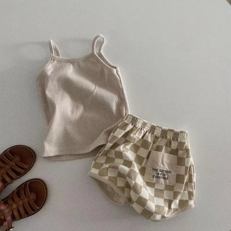 Baby wearing Checkered Shorts and Camisole Set