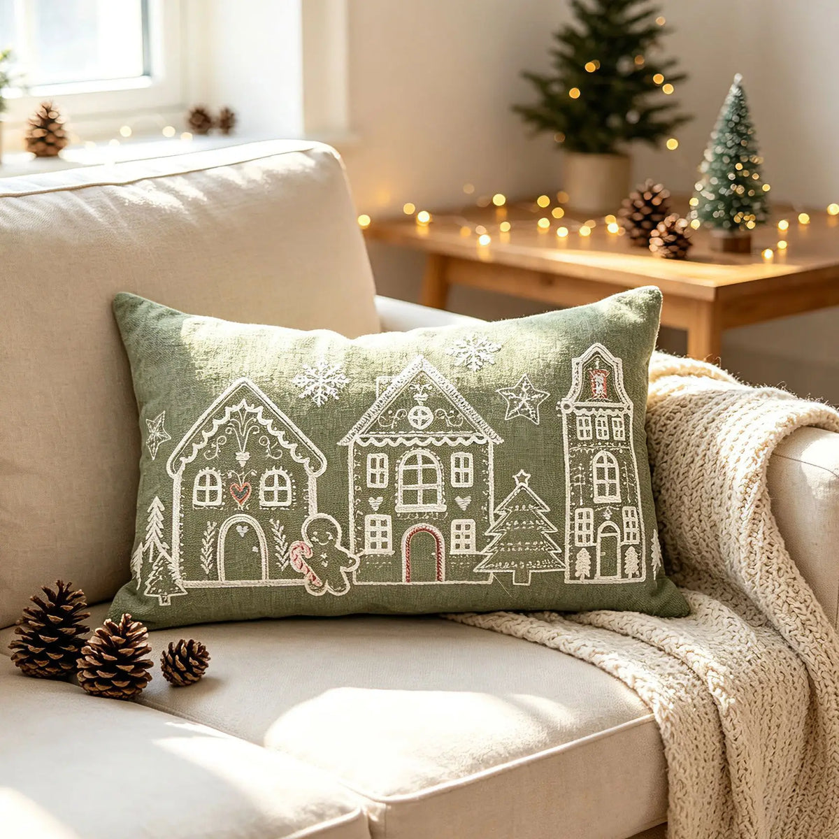 Christmas gingerbread village pillow cover, 30X50cm style 04, featuring gingerbread houses, trees, and snowflakes, with rectangular and square options.