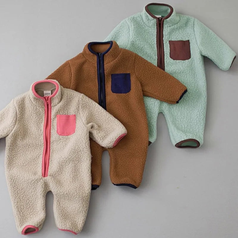 Warm Lamb Fleece Patchwork Romper in Beige