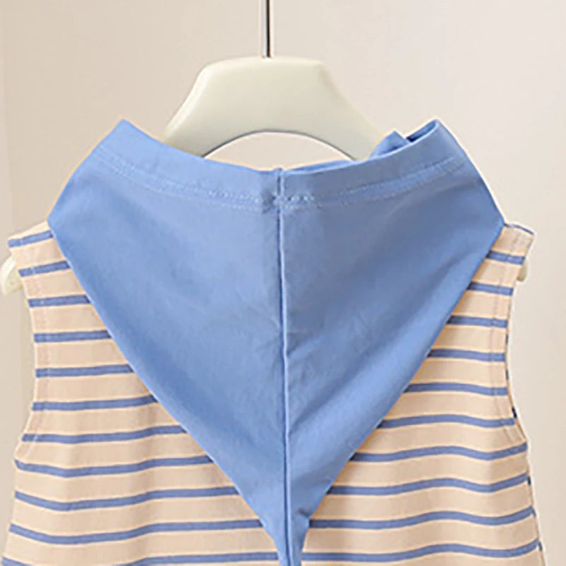 Star hooded striped cotton sleeveless baby romper fabric close-up