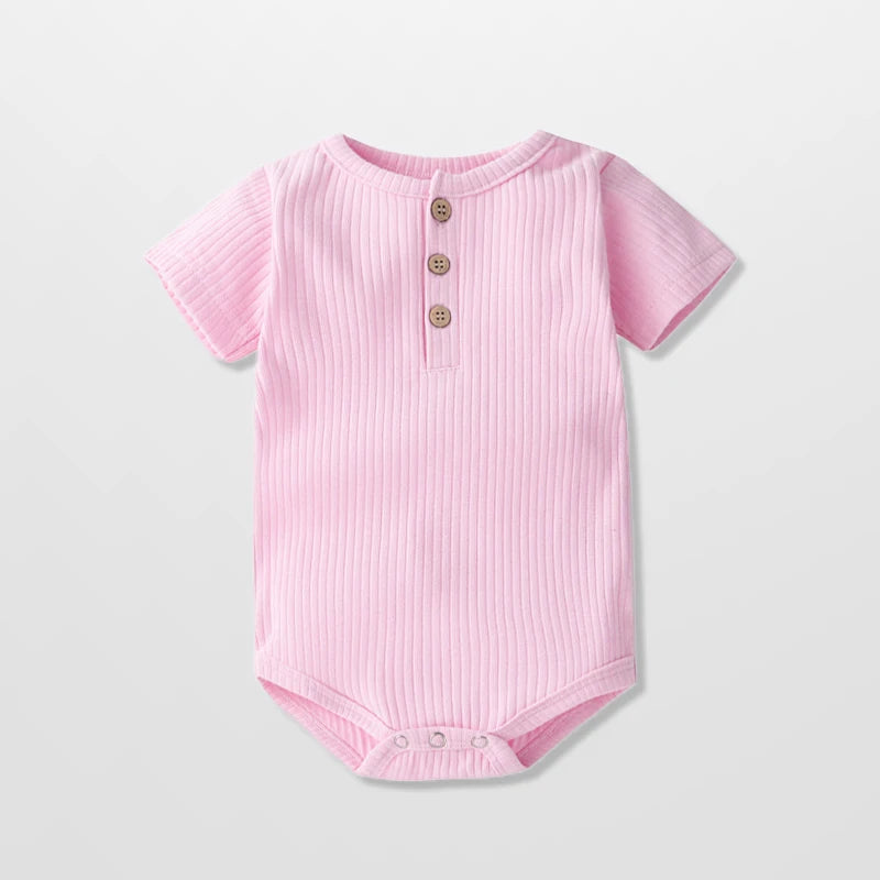 Classic Ribbed Short Sleeve Baby Bodysuit with Wood Button Detail
