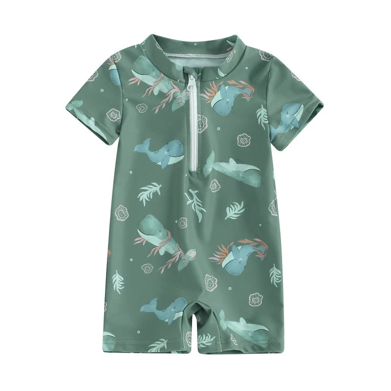 Baby Boys Summer Swimwear Beach Swimming Suit Cute Sea Element Prints Zipper Short Sleeve Monokini Swimsuit
