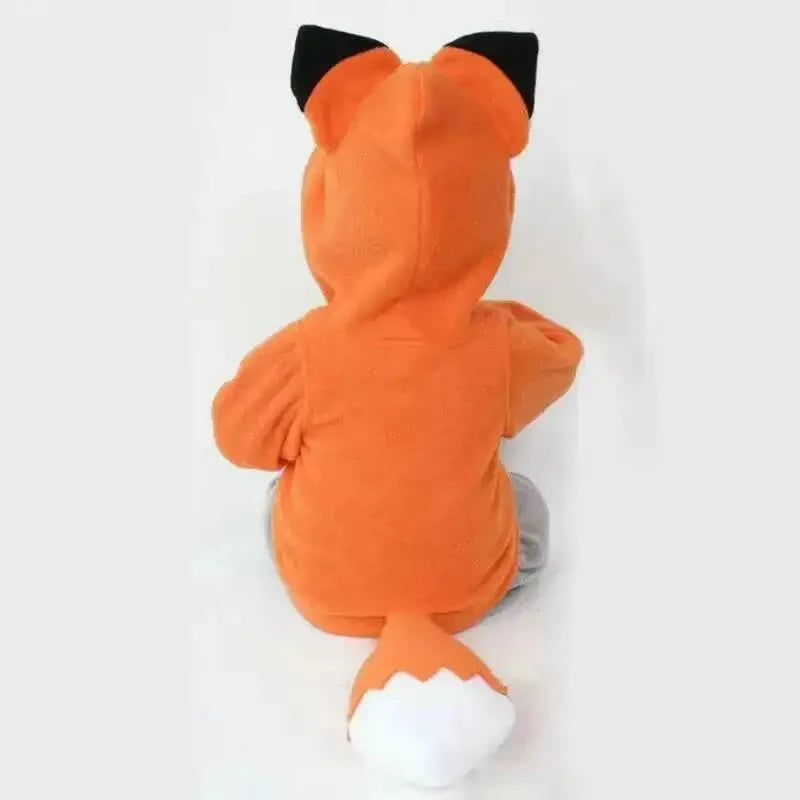 Back view of orange fox animal hoodie costume showing tail