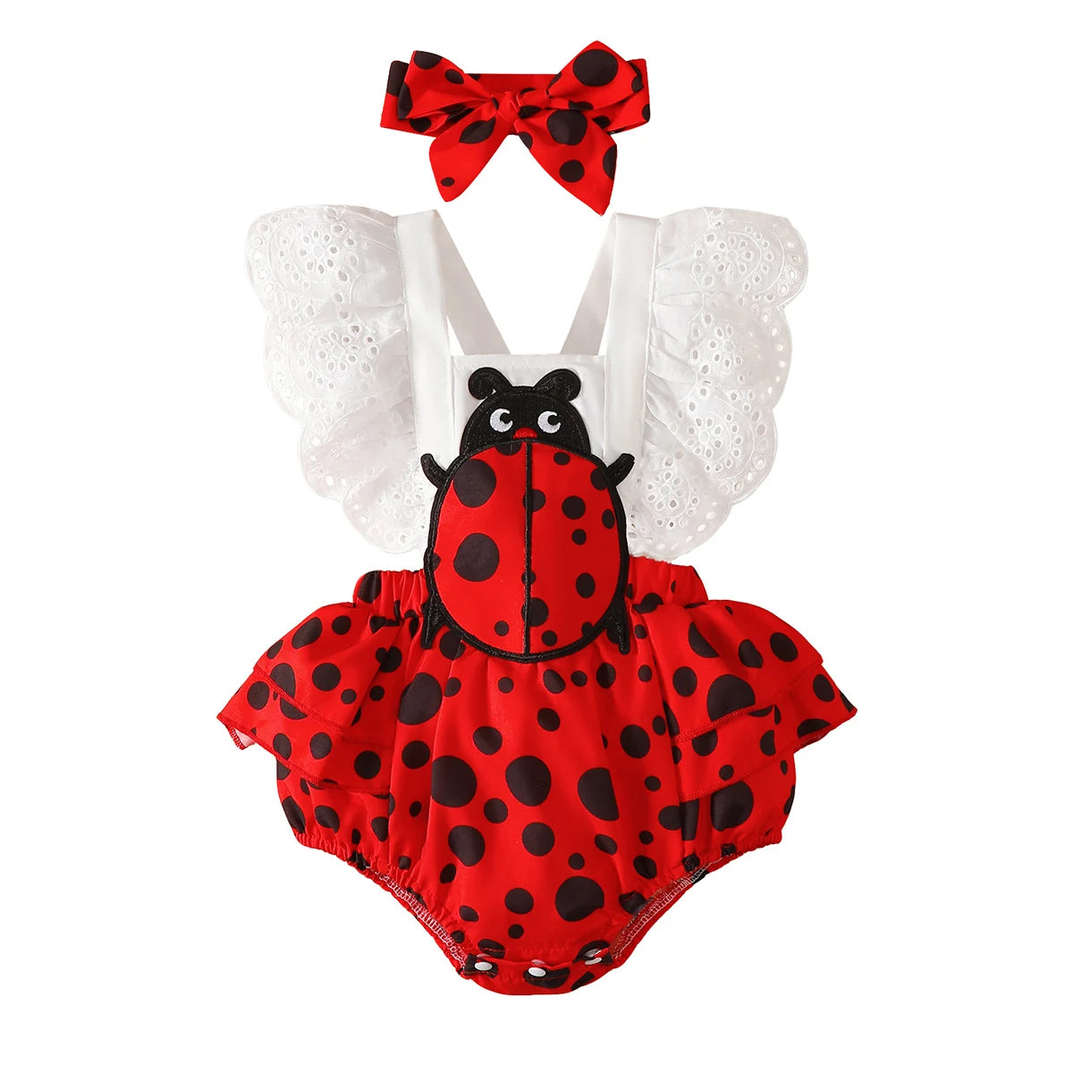Baby girl ladybug lace wing jumpsuit with matching polka dot headband