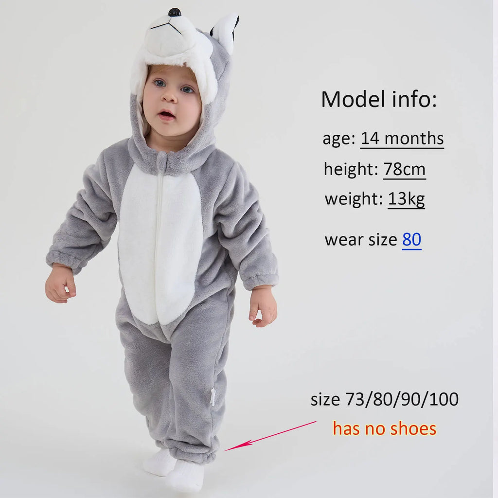Two husky dog costume rompers showing foot coverings difference